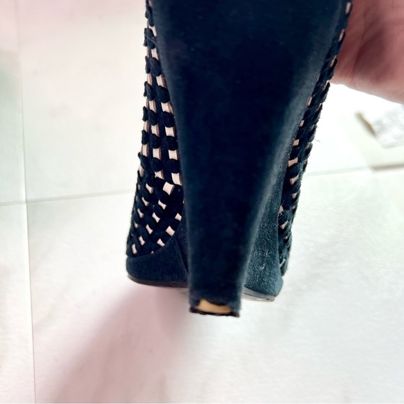 Duex lux vintage y2k suede black woven checkered peep toe wedge size 38 black - Picture 7 of 12